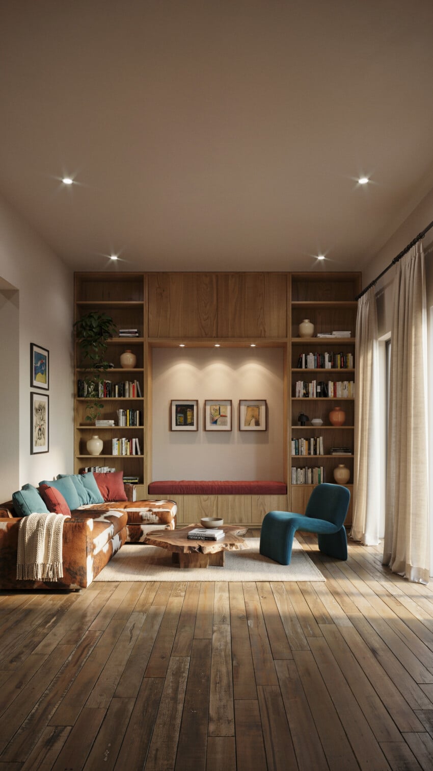 Small Living Room with Built-In Oak Shelving