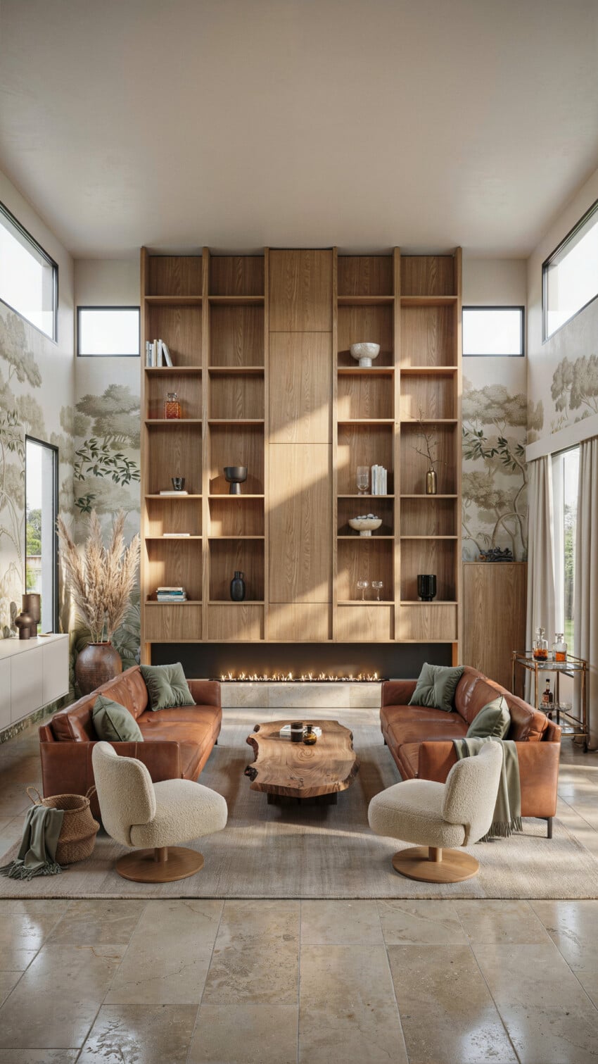 Floor-to-Ceiling Oak Bookcase Accent Wall with Cognac Leather Sectional and Boucle Swivel Chairs