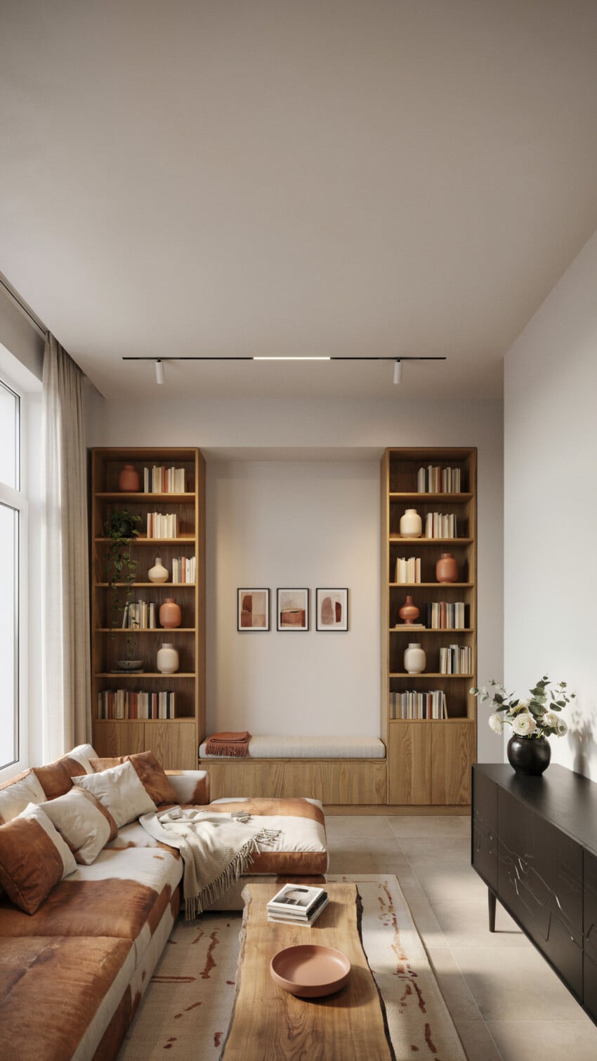 Small Living Room With Built-In Oak Bookshelves