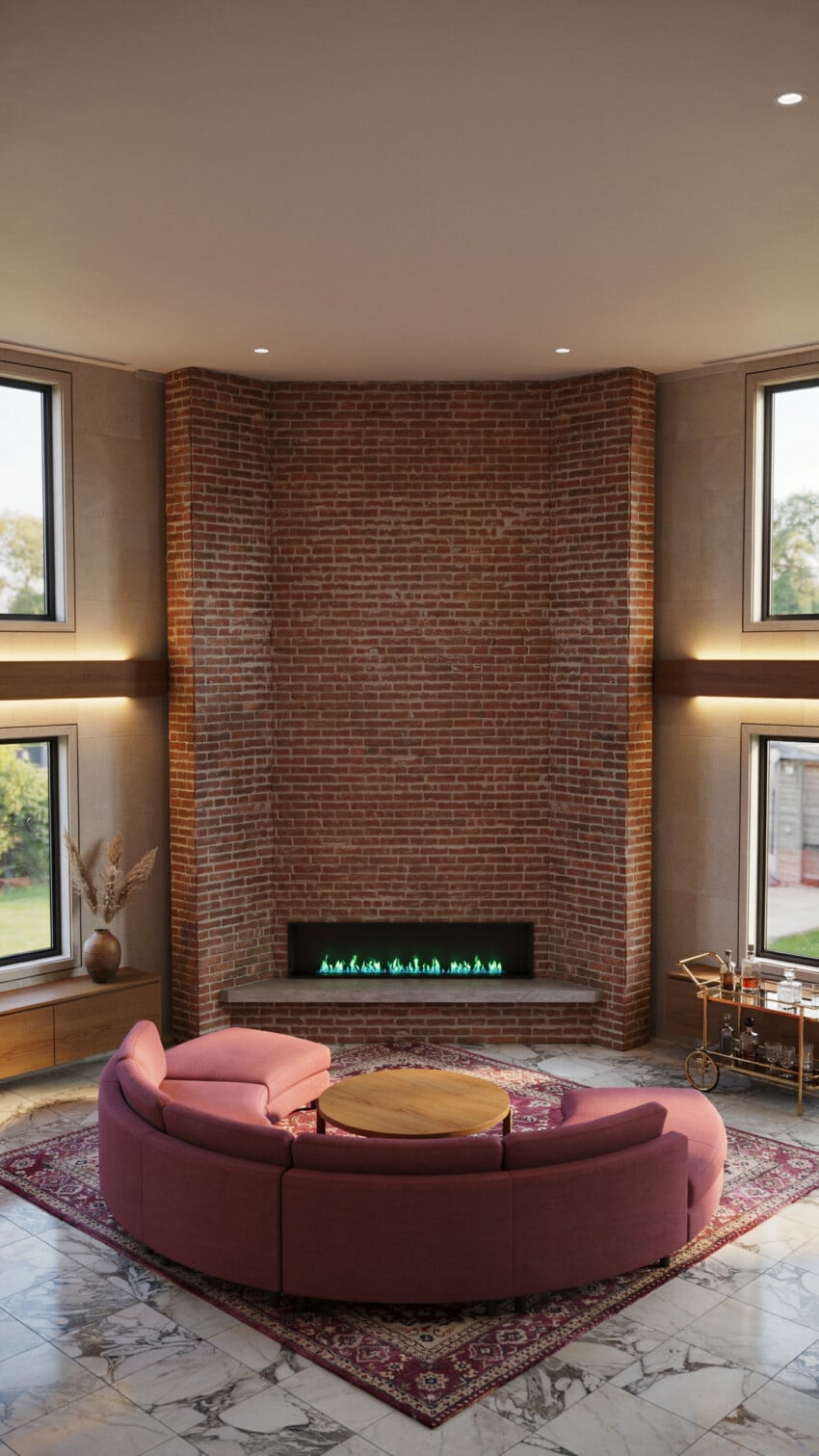 Corner Fireplace Design with Natural Red Brick