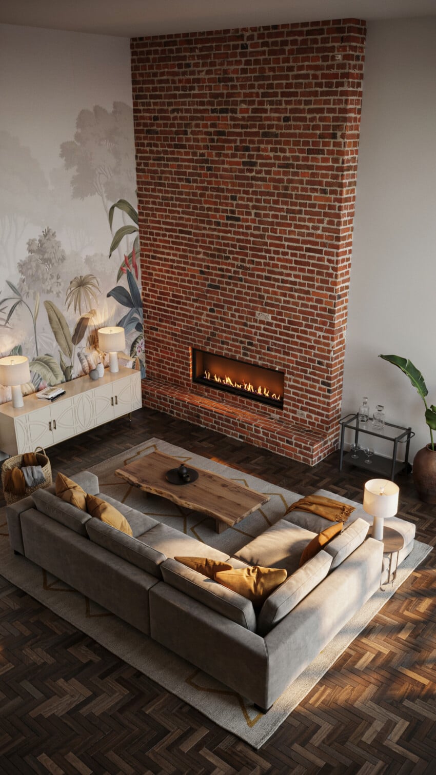 Corner Fireplace Design with Full-Height Natural Red Brick