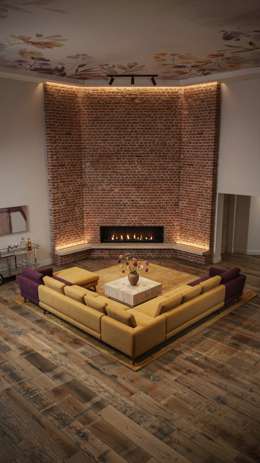 Corner Fireplace Design with Natural Red Brick