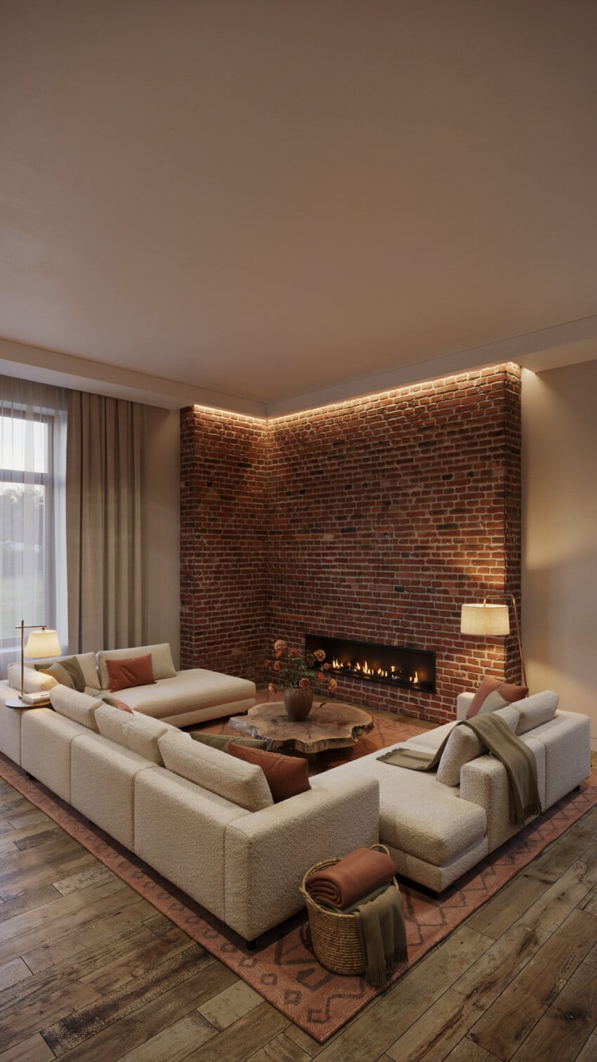 Corner Fireplace Design with Exposed Natural Red Brick