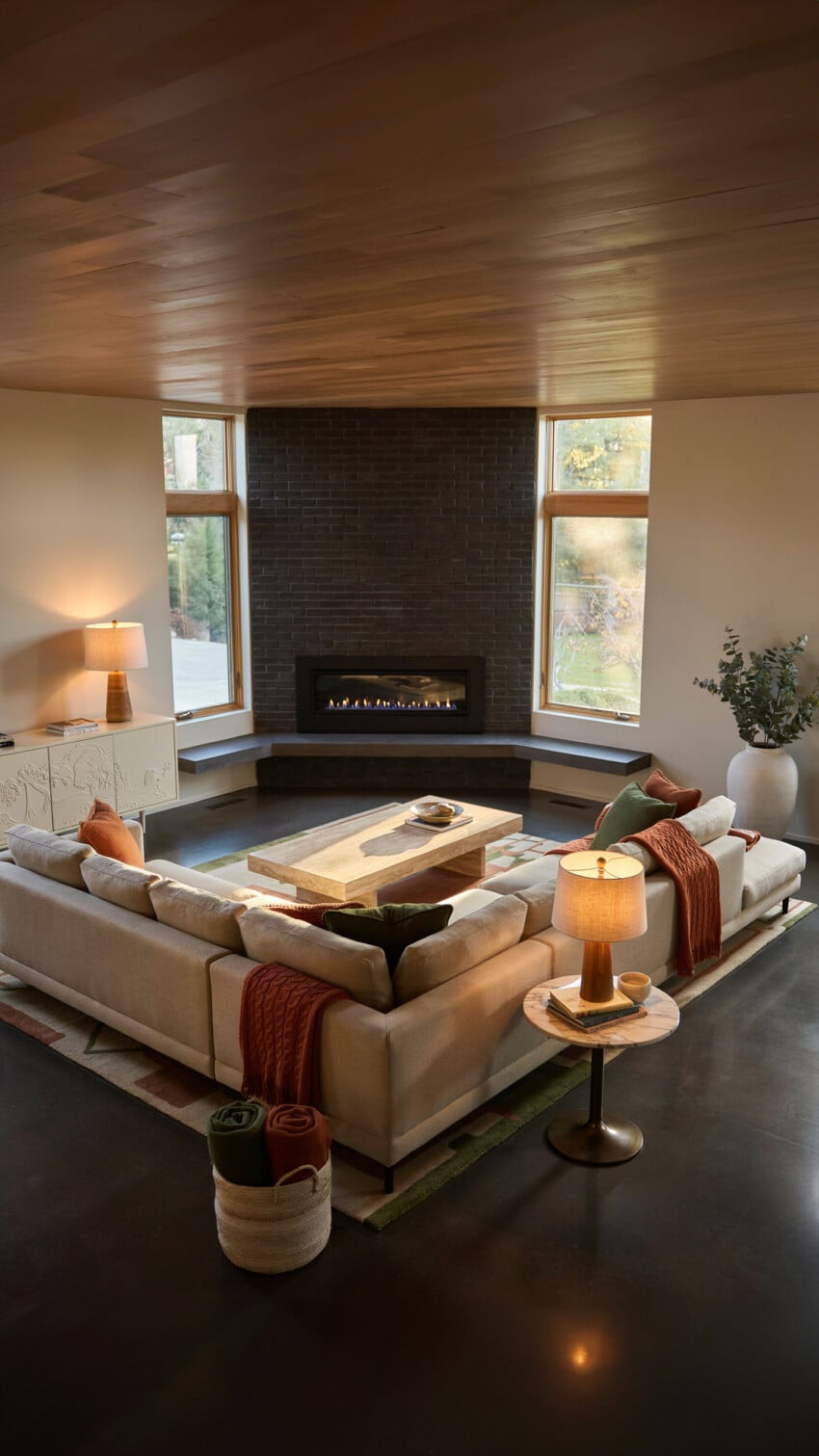 Corner Fireplace Design with Painted Charcoal Brick Wall
