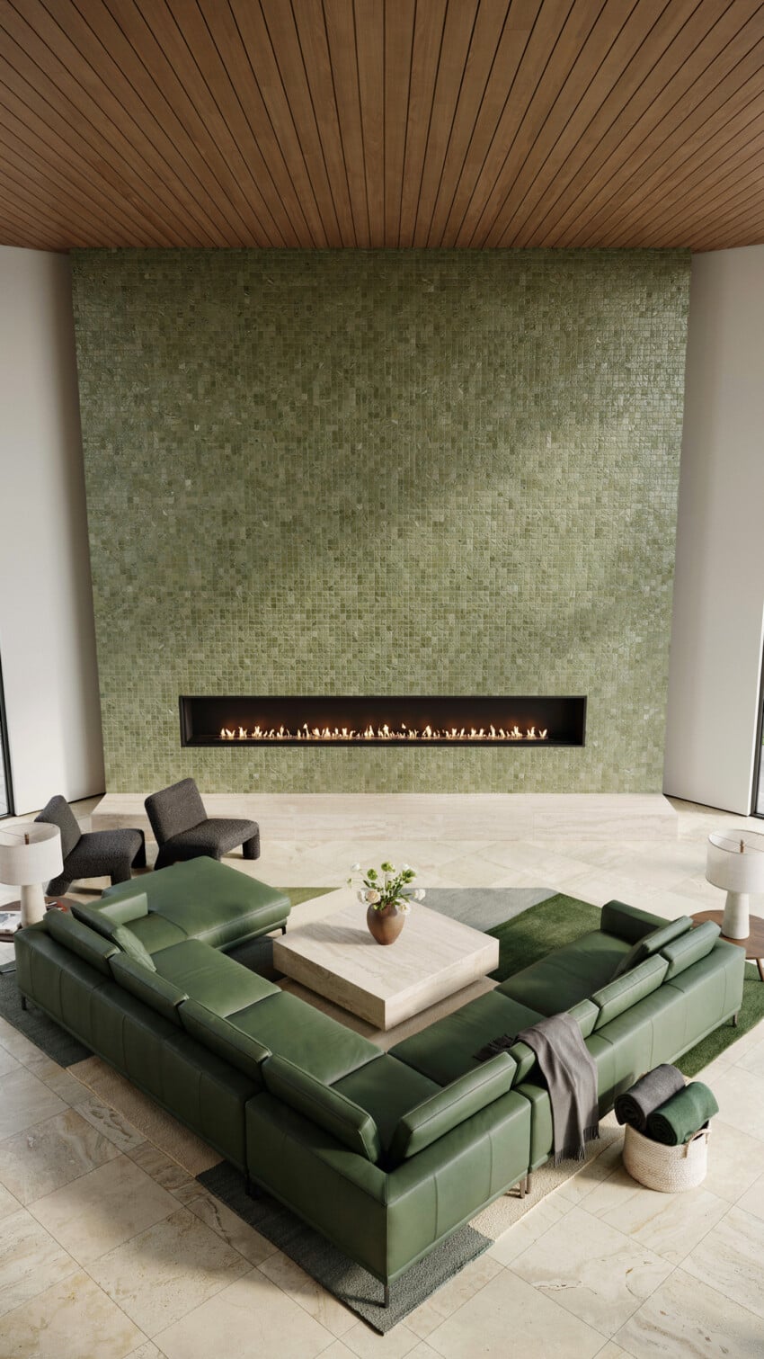 Corner Fireplace Design with Pistachio Zellige Tile Wall
