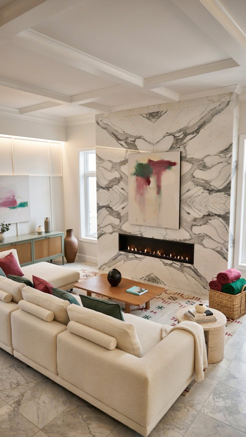 Bookmatched Marble Accent Wall with Cream Boucle Sectional and Coffered Ceiling