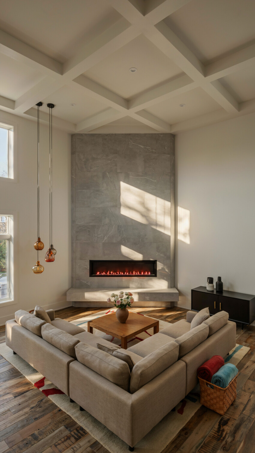 Corner Fireplace Design with Silver Grey Travertine Tile