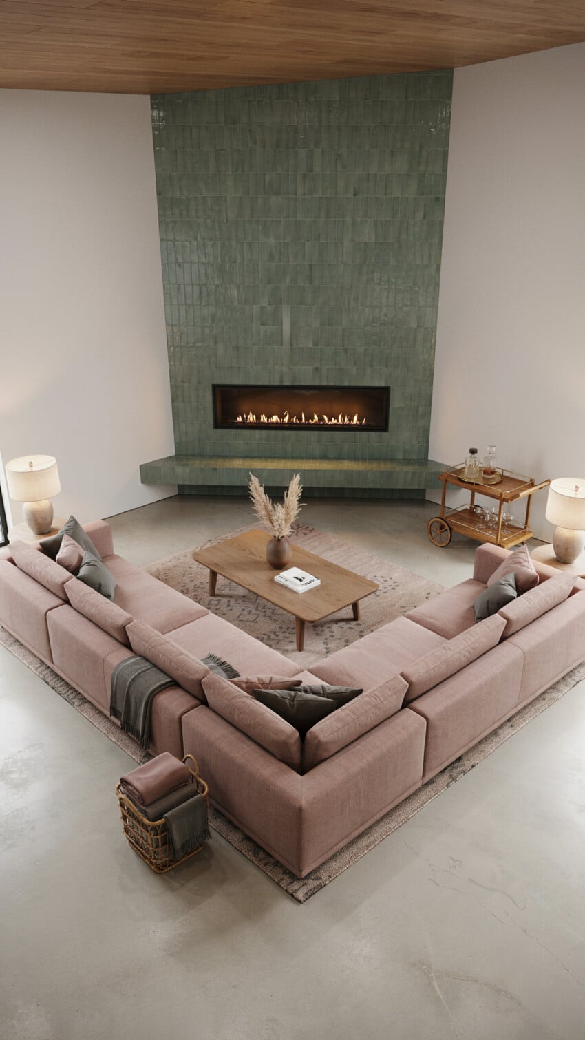 Corner Fireplace Design with Sage Green Zellige Tile