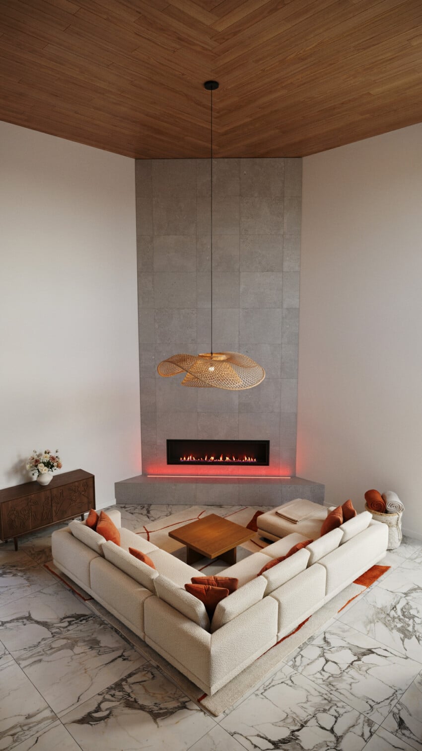Corner Fireplace Design with Silver Grey Travertine Tile