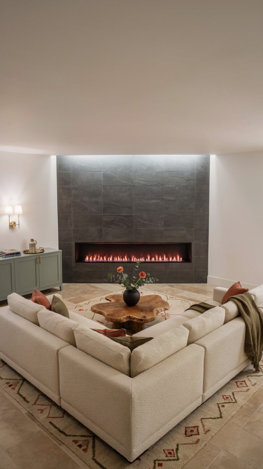 Corner Fireplace Design with Dark Charcoal Slate Tile Wall