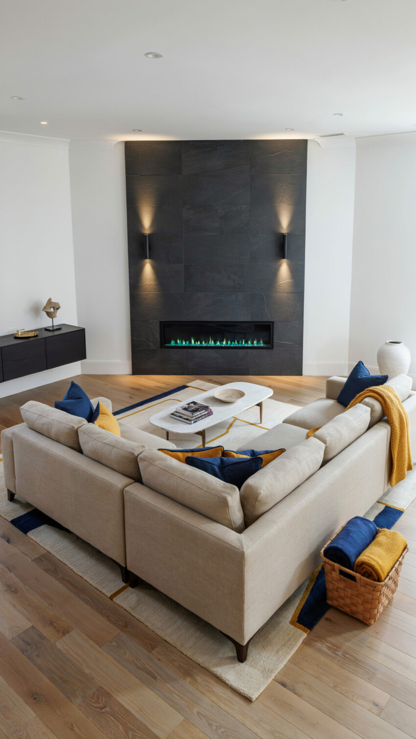 Corner Fireplace Design with Slate Tile