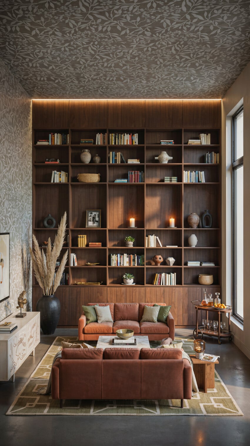 Walnut Built-In Bookcase Accent Wall with Rust Velvet Sofas and Botanical Ceiling Wallpaper
