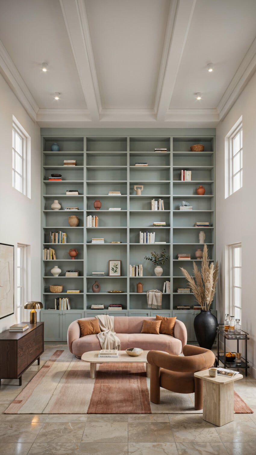Sage Green Built-In Bookcase Accent Wall with Blush Velvet Sofa and Cognac Chair