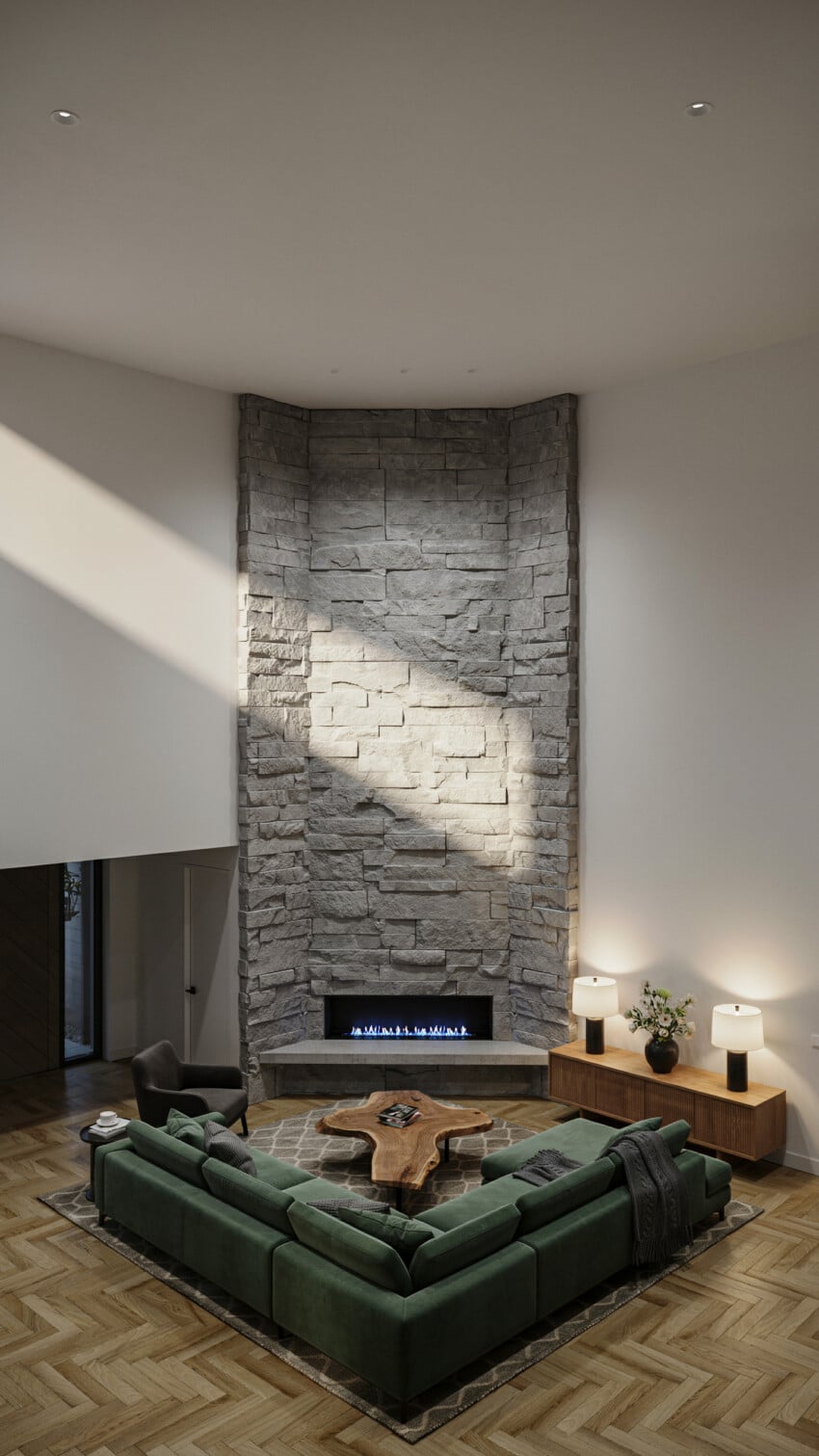 Corner Fireplace Design with Full-Height Grey Ledgestone Wall