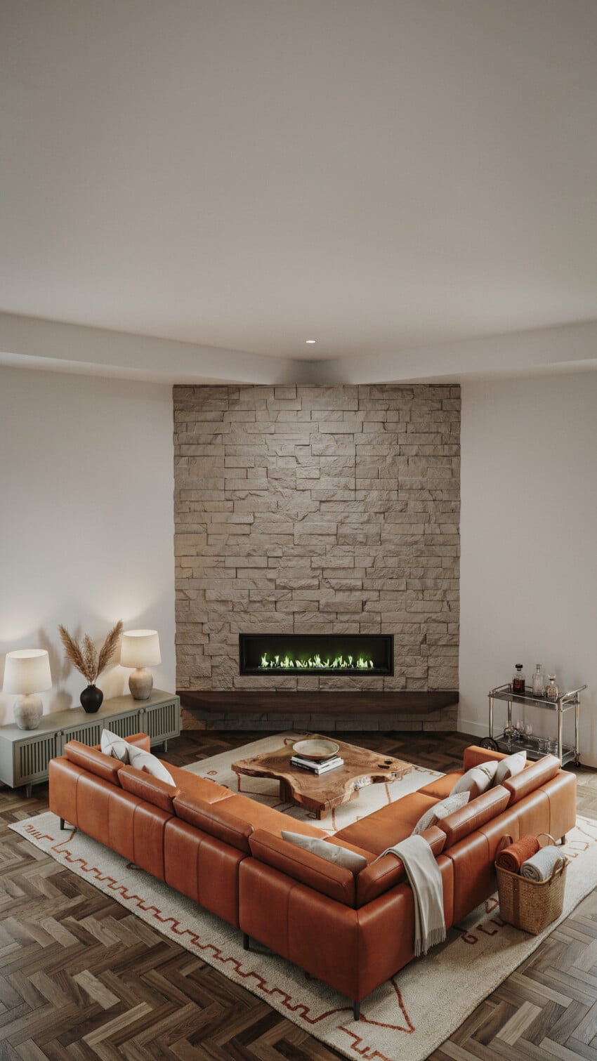 Corner Fireplace Design with Stacked Stone