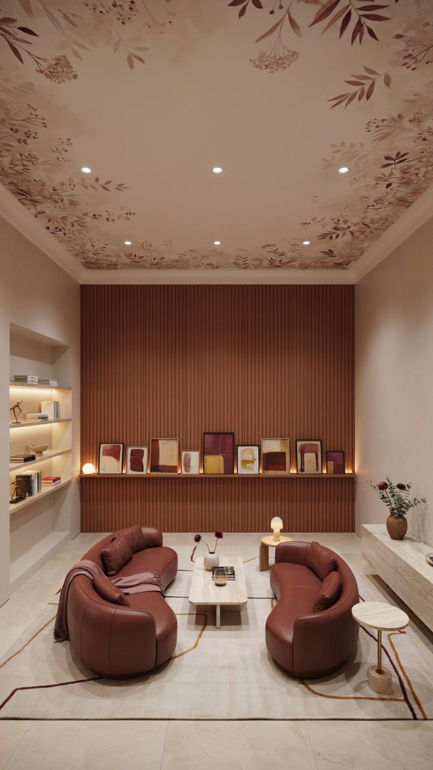 Terracotta Fluted Accent Wall with Curved Burgundy Leather Sofas and Botanical Ceiling Mural
