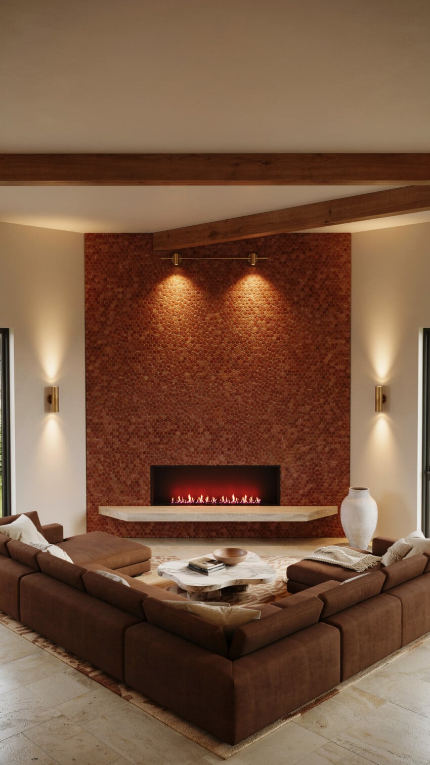 Corner Fireplace Design with Terracotta Penny Mosaic Tile Wall