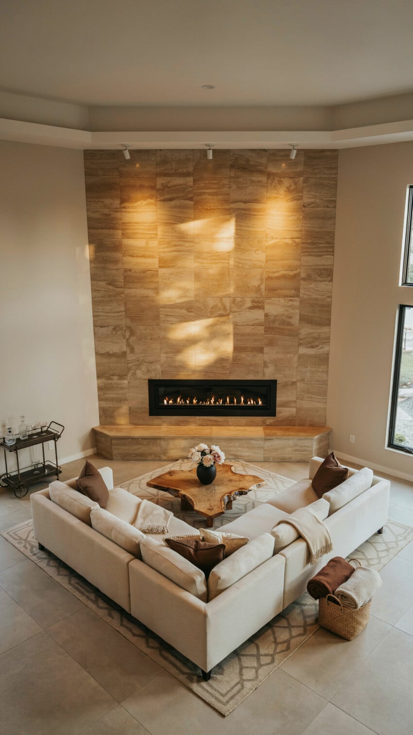 Corner Fireplace Design with Walnut Travertine Tile