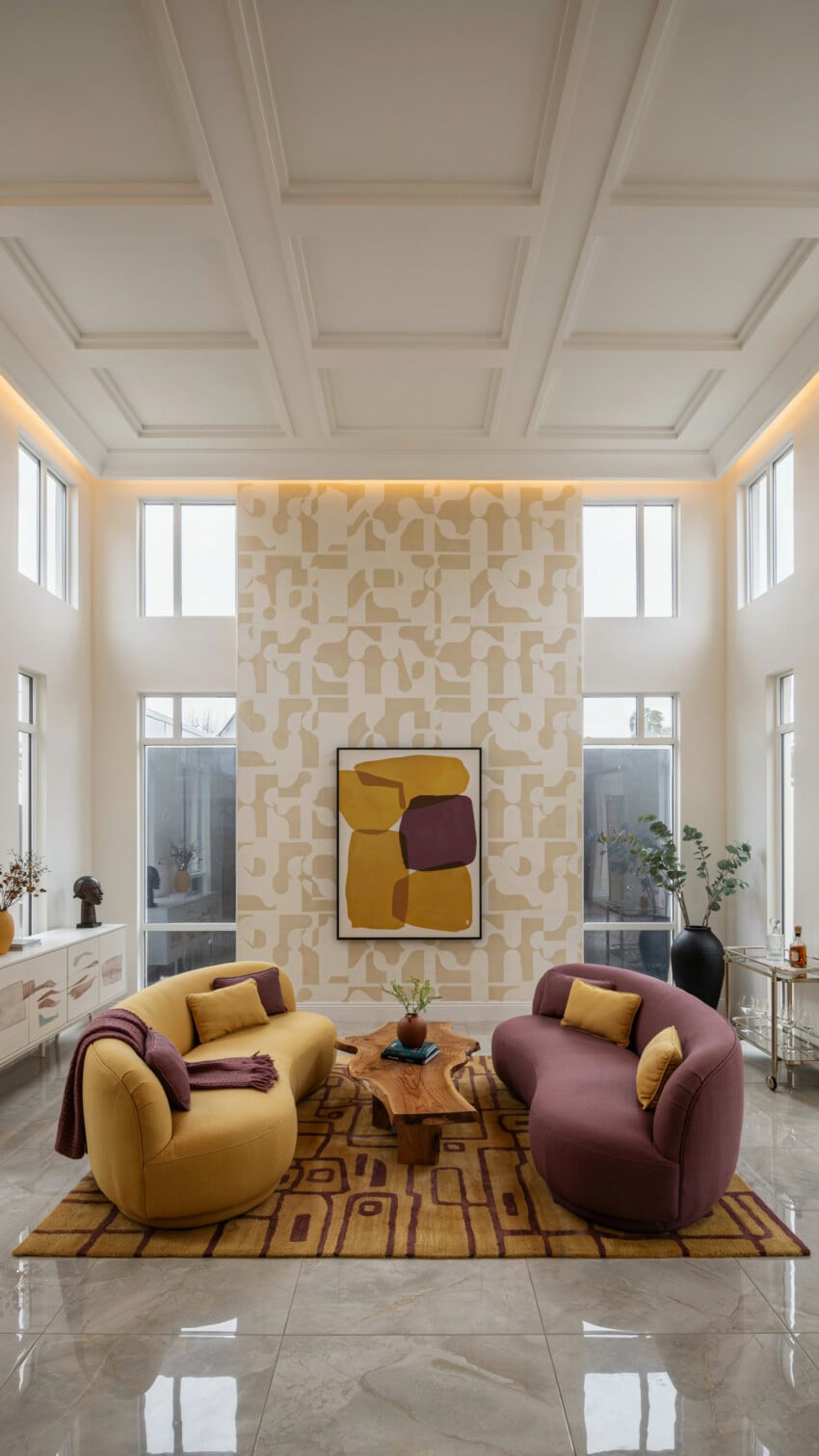 Geometric Patterned Accent Wall with Mustard and Plum Curved Sofas and Coffered Ceiling
