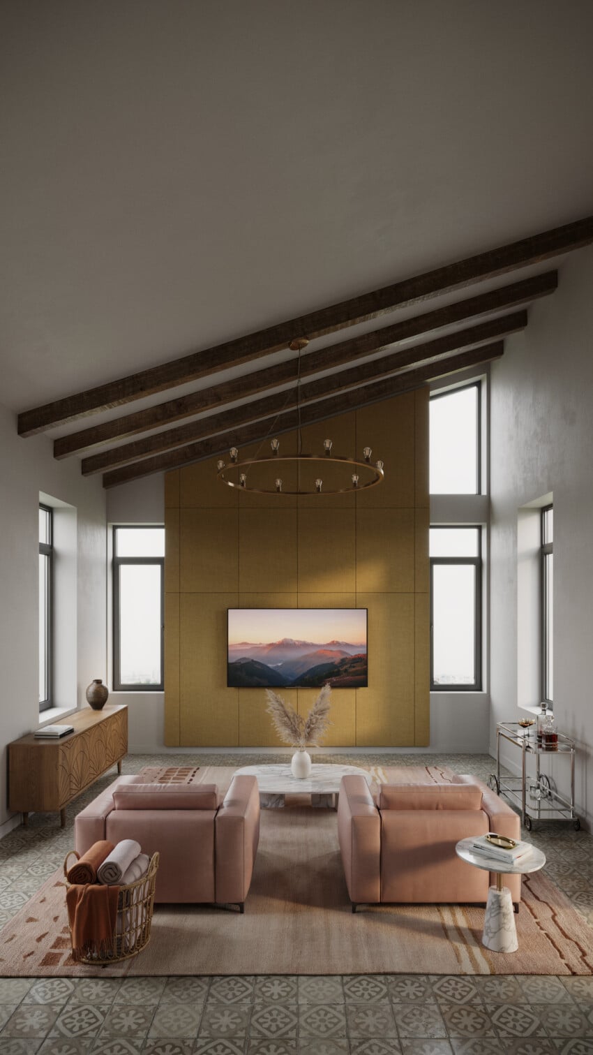 Mustard Gold Panel Accent Wall with Blush Sofas and Exposed Beam Ceiling