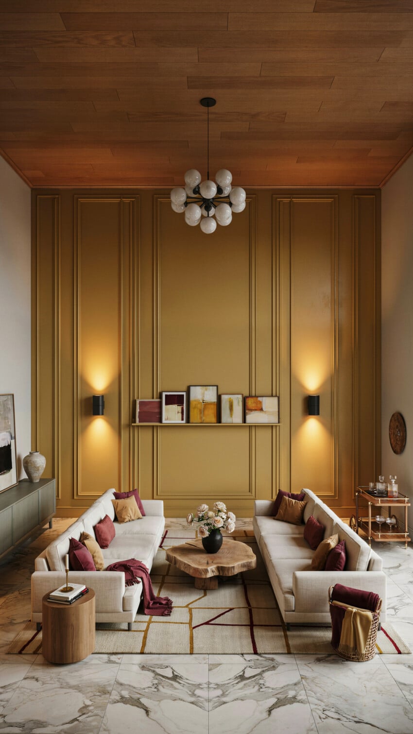 Mustard Gold Panel Accent Wall with Cream Sectional and Marble Floor