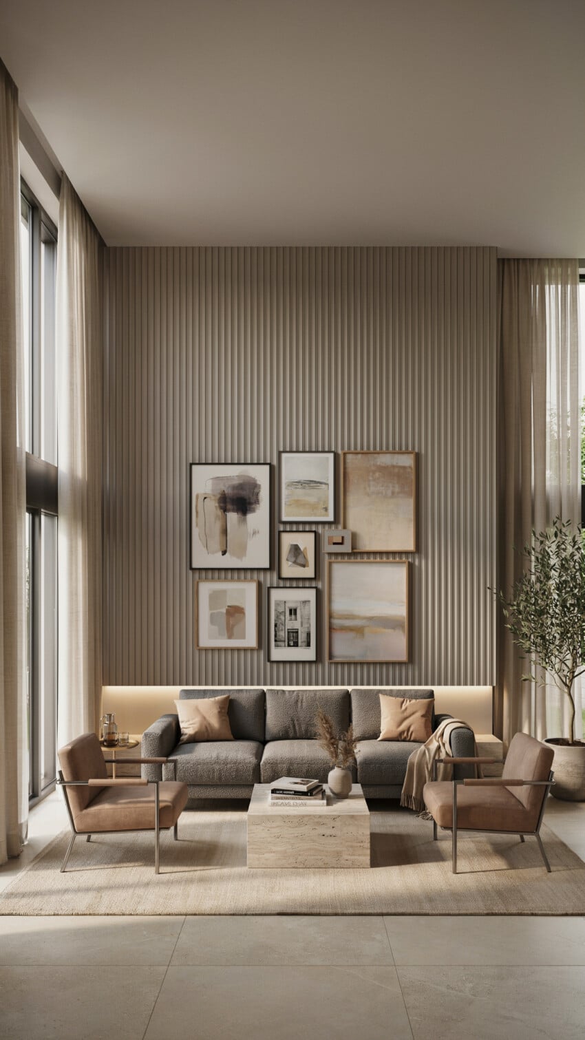 Small Living Room with Fluted Greige Wall