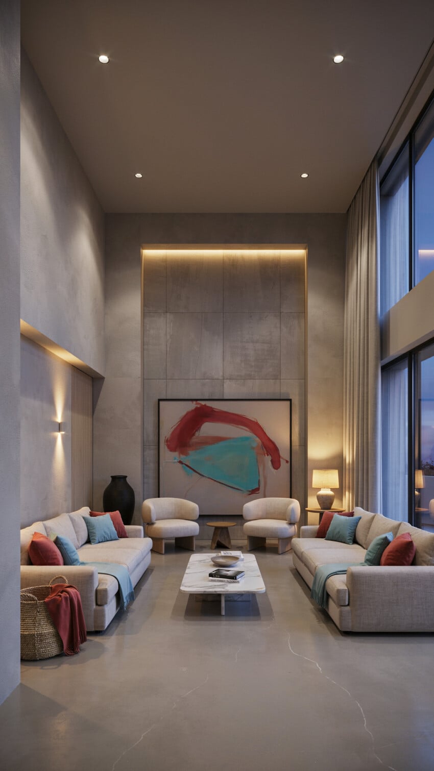 Concrete Panel Accent Wall with Facing Cream Sofas and Abstract Artwork