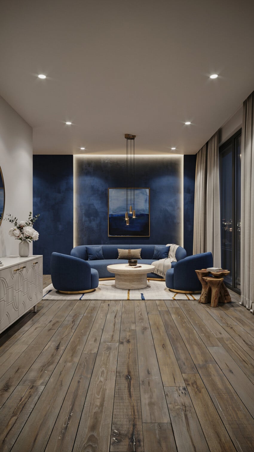 Navy Textured Accent Wall with Curved Navy Velvet Sectional and Travertine Coffee Table