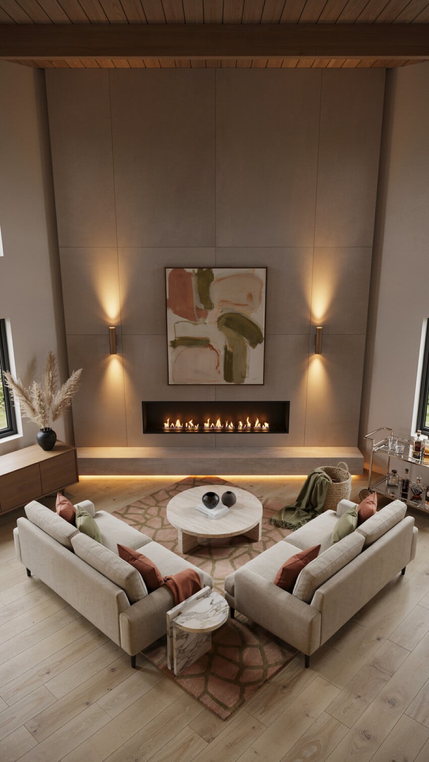 Concrete Panel Accent Wall with Linen Sectionals and Travertine Coffee Table