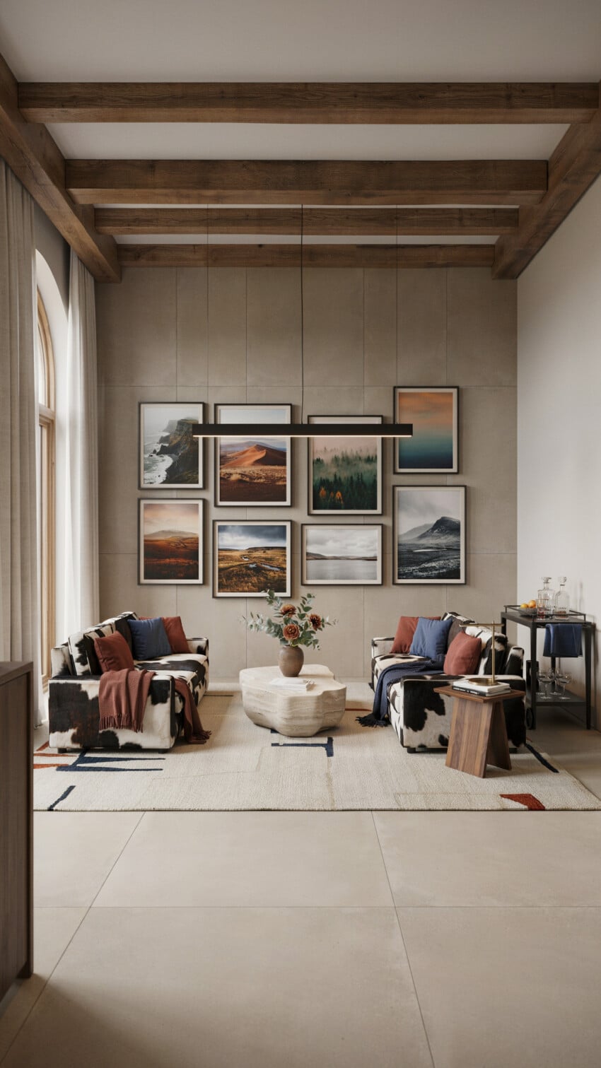 Beige Tile Accent Wall with Cowhide Armchairs and Landscape Gallery Wall