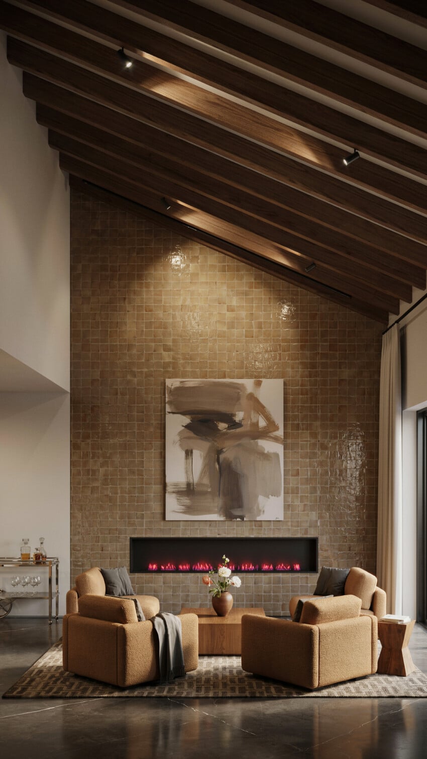 Zellige Tile Accent Wall with Caramel Boucle Armchairs and Exposed Beam Ceiling