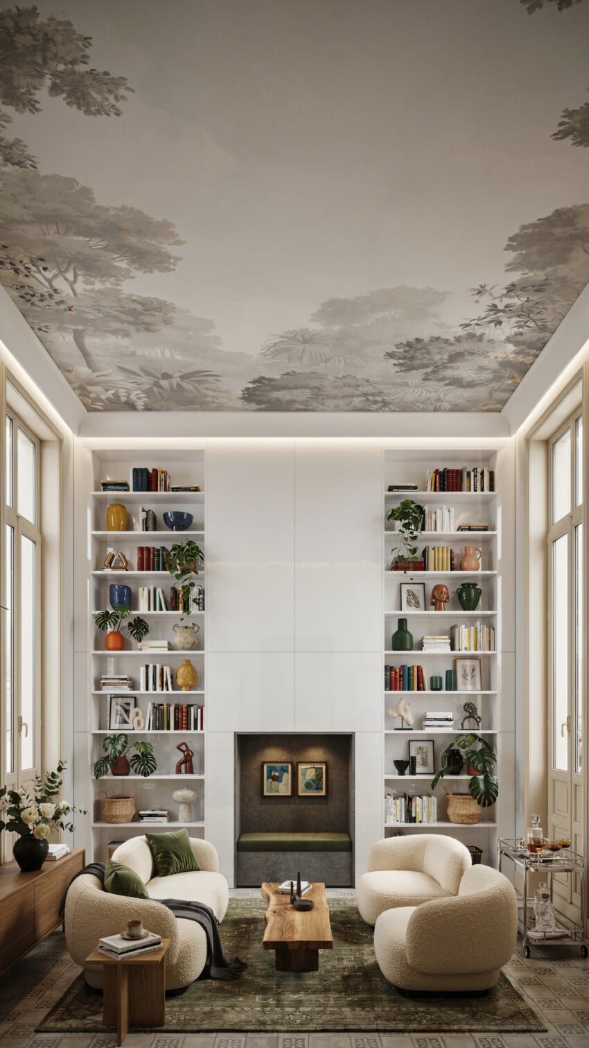 White Built-In Bookcase Accent Wall with Cream Boucle Armchairs and Botanical Ceiling Mural
