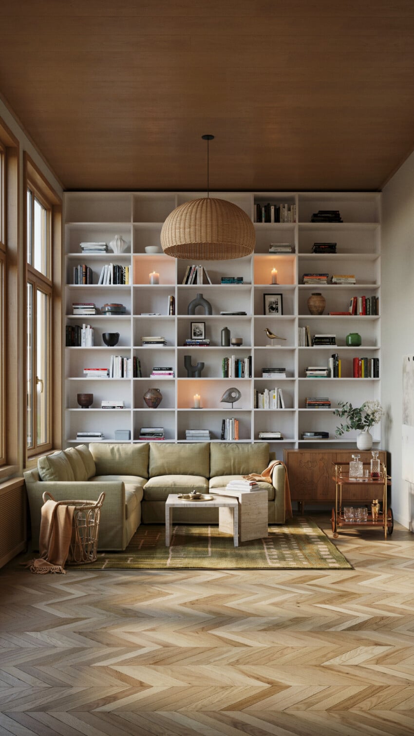 Small Living Room With Floor-to-Ceiling White Shelving