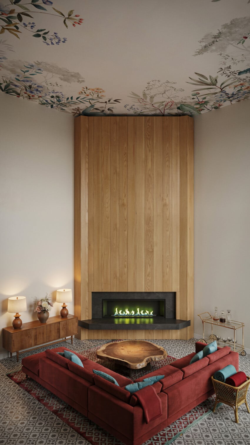 Corner Fireplace Design with Vertical White Oak Tongue-and-Groove Plank Wall