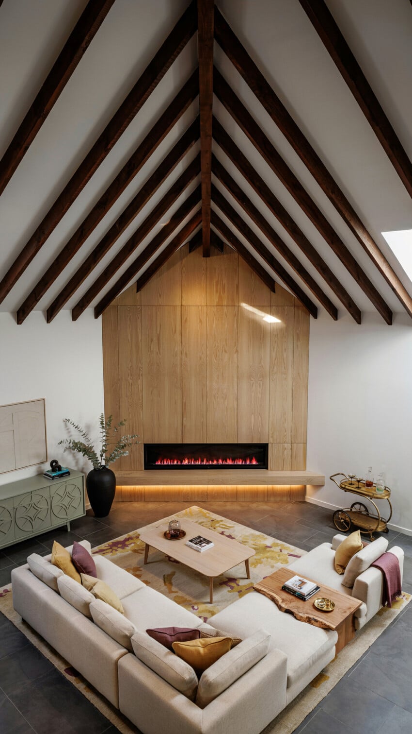 Corner Fireplace Design with Full-Height Wood Panel Wall