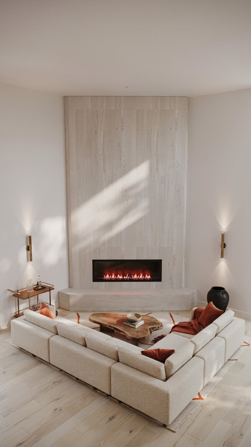 Corner Fireplace Design with White Oak Veneer Panel Wall
