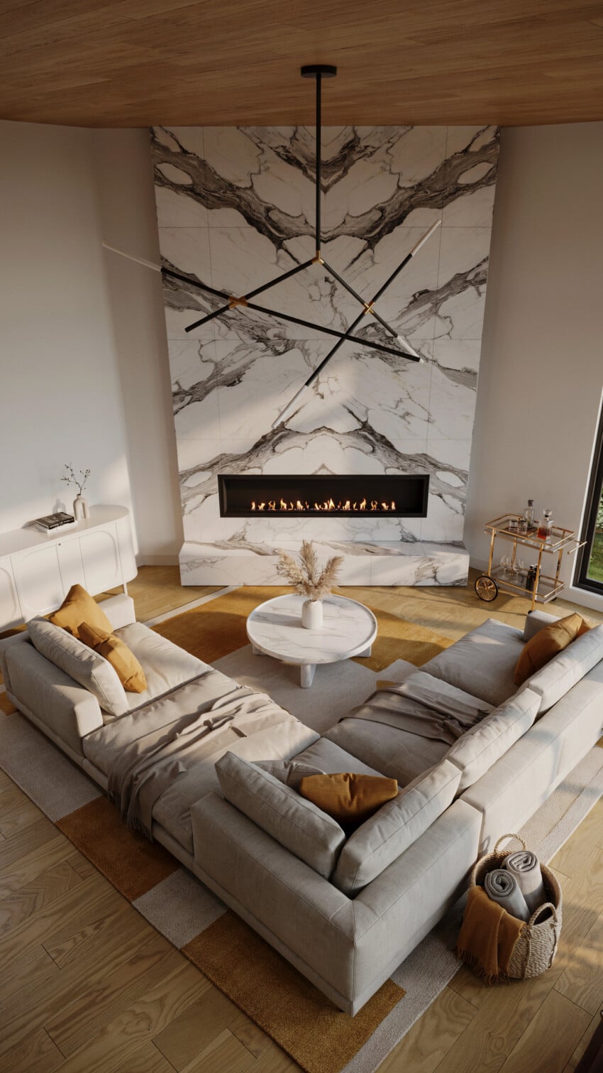 Corner Fireplace Design with Marble-Look Tile Wall