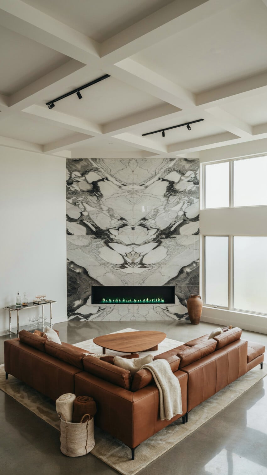 Corner Fireplace Design with Bookmatched Marble-Look Tile